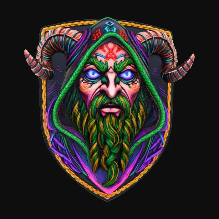 3D model for Warlock face, in a flat patch highly detailed embroidery in a shield shaped fabric patch, clear stich's and threads. Bright colorful yarn and thread