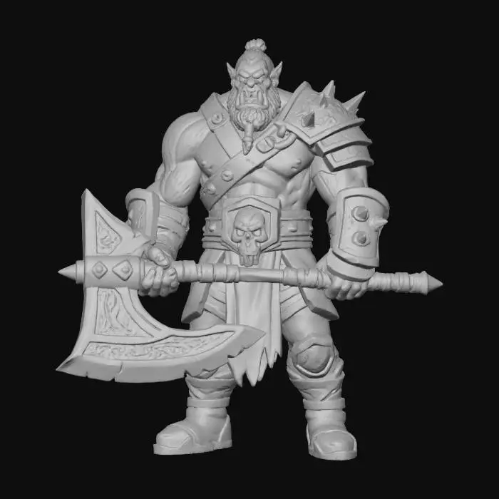 3D model for A bold orc warrior with a huge battle axe bald head with a tiny bun of hair on top