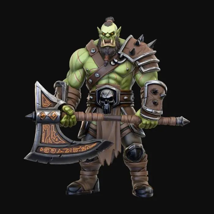 3D model for A bold orc warrior with a huge battle axe bald head with a tiny bun of hair on top