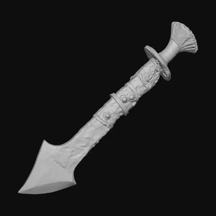 3D model for A midevil stone weapon with a wooden handle and stone blade the blade is held on by leather straps