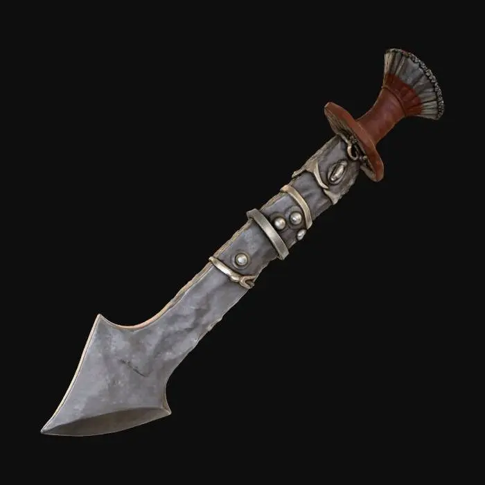 3D model for A midevil stone weapon with a wooden handle and stone blade the blade is held on by leather straps