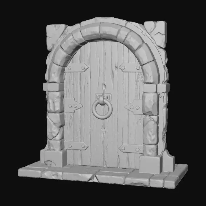 3D model for highly detailed dungeon door on rectangle base the door is wooden and the door frame is stone the door has a rusty ring hanging for a doorhandle