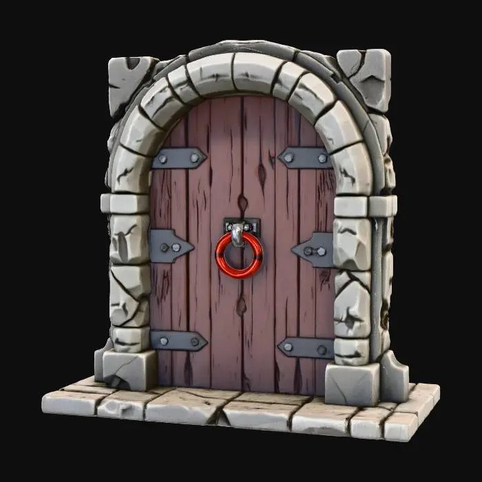 3D model for highly detailed dungeon door on rectangle base the door is wooden and the door frame is stone the door has a rusty ring hanging for a doorhandle