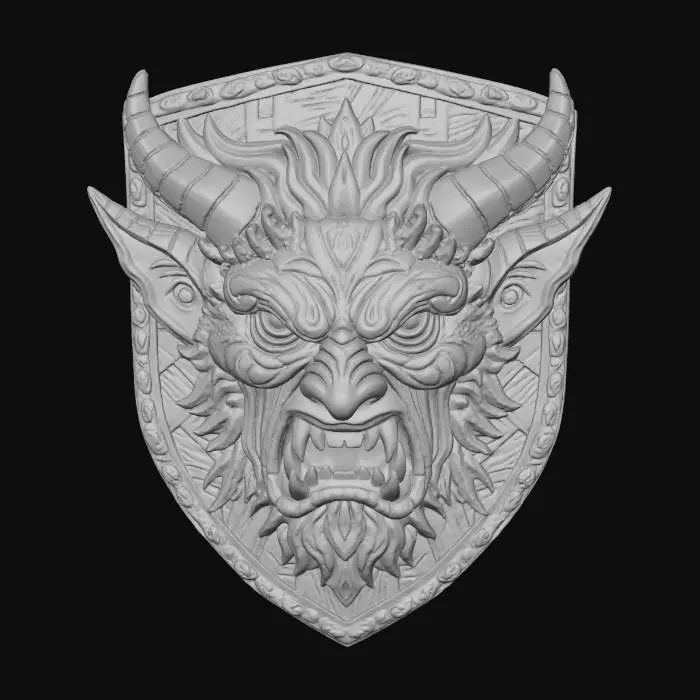 3D model for Gargoyle face, in a flat patch highly detailed embroidery in a shield shaped fabric patch, clear stich's and threads. Bright colorful yarn and thread