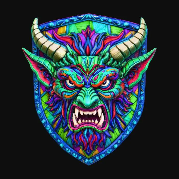 3D model for Gargoyle face, in a flat patch highly detailed embroidery in a shield shaped fabric patch, clear stich's and threads. Bright colorful yarn and thread