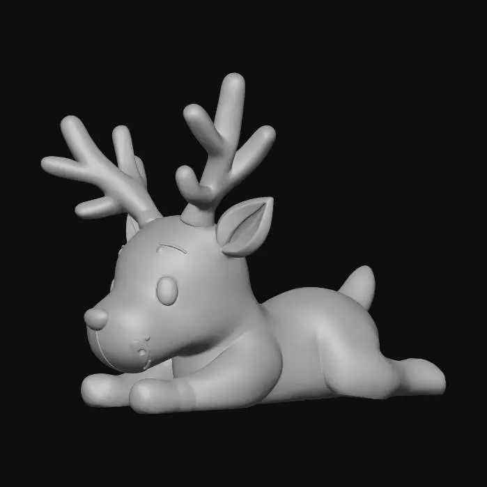 3D model for #Christmas2025#,  Create a high-quality 3D render of a cute reindeer in a chunky vinyl-toy art style. Use a clean left-side orthographic profile with zero perspective distortion. The creature should lie completely flat on its belly in a perfectly straight horizontal line from nose to tail. Its head rests fully on the ground with the neck extended forward. All four legs are splayed outward symmetrically in a relaxed, natural position: the front legs angled slightly forward and outward, and the back legs angled slightly backward and outward. Maintain smooth rounded shapes, simplified vinyl-toy proportions, perfect left-right symmetry, soft lighting, and a neutral background. Now generate this pose and style keeping body proportions cute, chunky, and toy-like.