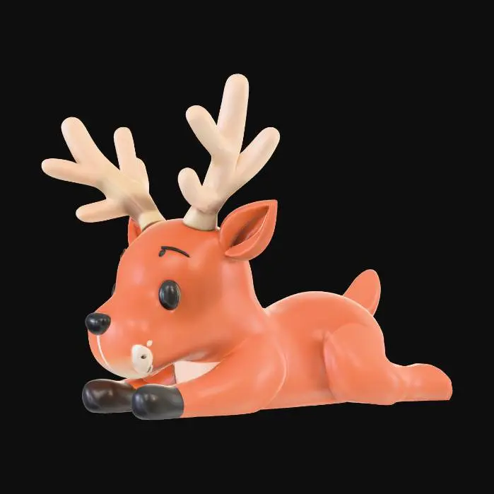 3D model for #Christmas2025#,  Create a high-quality 3D render of a cute reindeer in a chunky vinyl-toy art style. Use a clean left-side orthographic profile with zero perspective distortion. The creature should lie completely flat on its belly in a perfectly straight horizontal line from nose to tail. Its head rests fully on the ground with the neck extended forward. All four legs are splayed outward symmetrically in a relaxed, natural position: the front legs angled slightly forward and outward, and the back legs angled slightly backward and outward. Maintain smooth rounded shapes, simplified vinyl-toy proportions, perfect left-right symmetry, soft lighting, and a neutral background. Now generate this pose and style keeping body proportions cute, chunky, and toy-like.