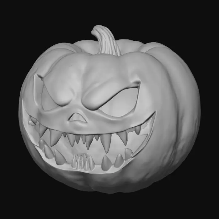3D model for Create raw pumpkin but with scary smile, showing sharp teeth. No eyes, no nose. Just regular raw pumpkin but with scary mouth which is not carved nor drilled.