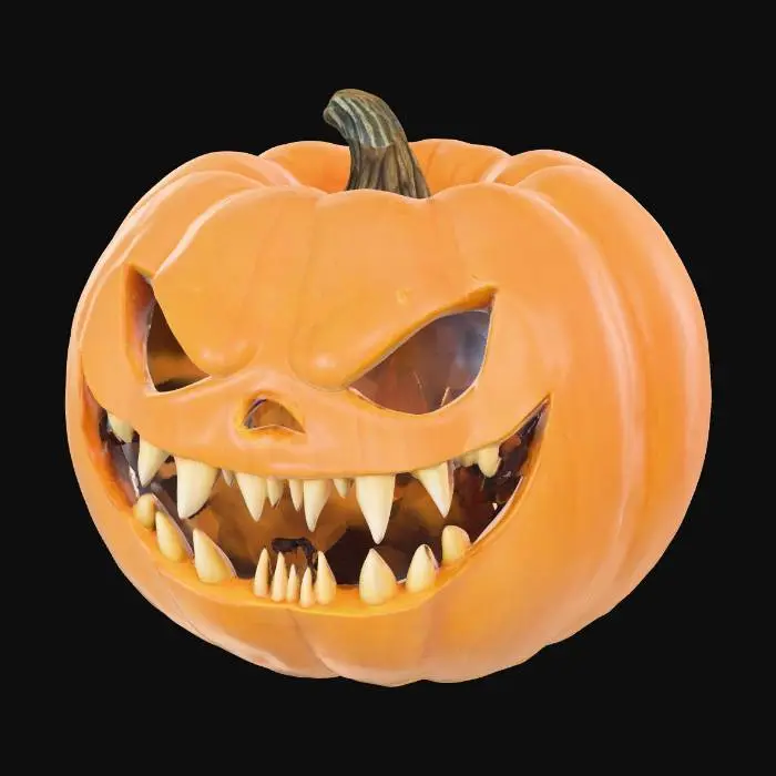3D model for Create raw pumpkin but with scary smile, showing sharp teeth. No eyes, no nose. Just regular raw pumpkin but with scary mouth which is not carved nor drilled.