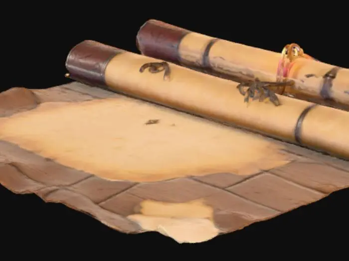 3D model for Create a detailed 3D medieval RPG wooden table scene with realistic carved wood textures, scratches, and subtle wear. Place three scrolls in a perfect row, equally spaced, with aged parchment, rolled edges, tied strings, and faint medieval symbols. Add props like an ink pot, quill, leather book, candle, and cloth beneath scrolls. Scrolls, table, and props must be separate for animation. Lighting warm, soft, atmospheric, casting shadows. Allow smooth camera transitions from eye-level to top-down. Style cinematic, immersive, aesthetically pleasing. Scrolls act as interactive buttons. High-resolution, visually harmonious, symmetrical.
The middle scrol must be opened and it must be like a map but nothing there