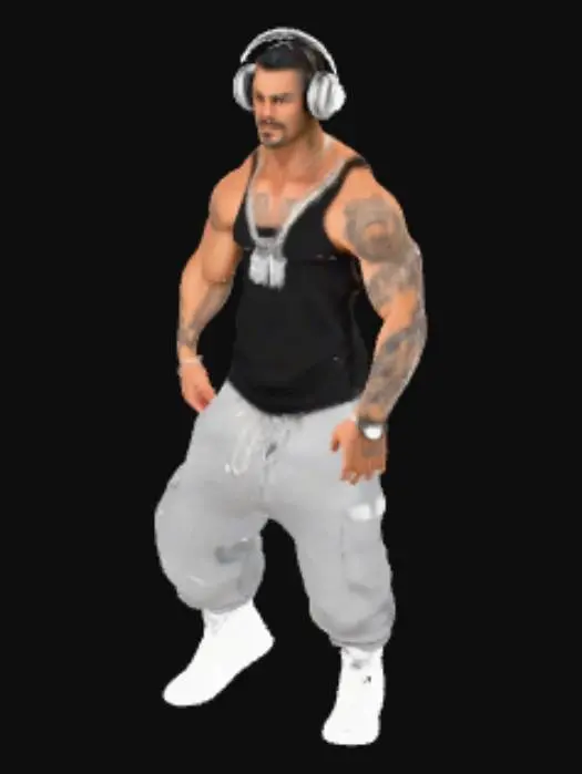 3D model for Forward facing standing in A Pose with palms of the hands parallel and slightly away from the body to the body DJ wearing white high top sneakers, baggy grey sweat pants and black tank top,   the figure is wearing  headphones, a long mirror polished silver chain with a mirror polished charm of a silver spray can. Hyper realistic detail and contour shading