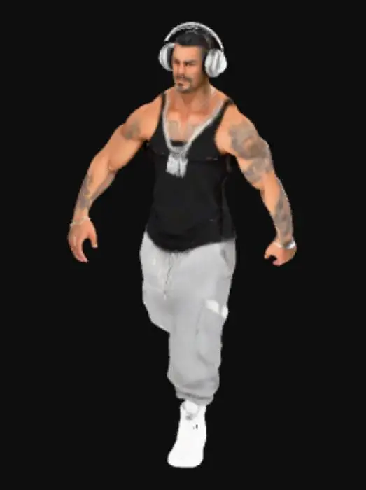 3D model for Forward facing standing in A Pose with palms of the hands parallel and slightly away from the body to the body DJ wearing white high top sneakers, baggy grey sweat pants and black tank top,   the figure is wearing  headphones, a long mirror polished silver chain with a mirror polished charm of a silver spray can. Hyper realistic detail and contour shading
