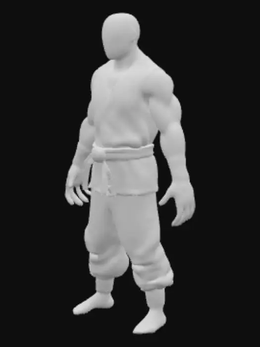 3D model for A Pose humanoid Spray can with thin black slender arms and 5 fingers on each hand, each hand and forearm are wrapped in white cloth tape like the hands of a boxer. The spray can has no legs. The spray can is dressed like a kung fu master. Image is highly realistic in detail, the clothes have a fabric texture and the spray can has a smooth polished texture.