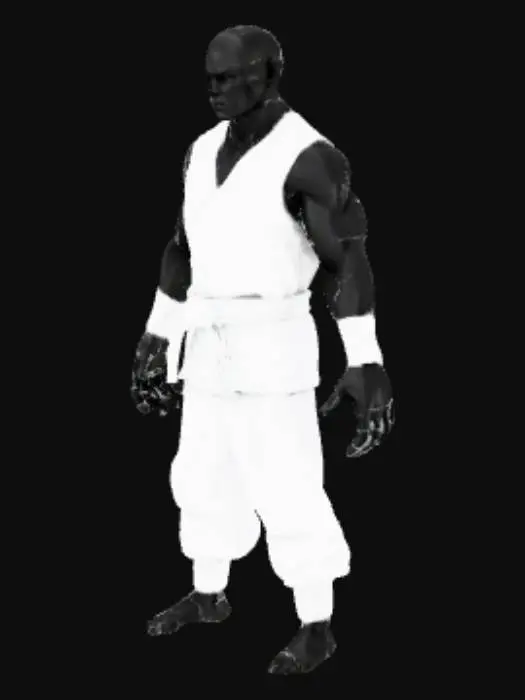 3D model for A Pose humanoid Spray can with thin black slender arms and 5 fingers on each hand, each hand and forearm are wrapped in white cloth tape like the hands of a boxer. The spray can has no legs. The spray can is dressed like a kung fu master. Image is highly realistic in detail, the clothes have a fabric texture and the spray can has a smooth polished texture.