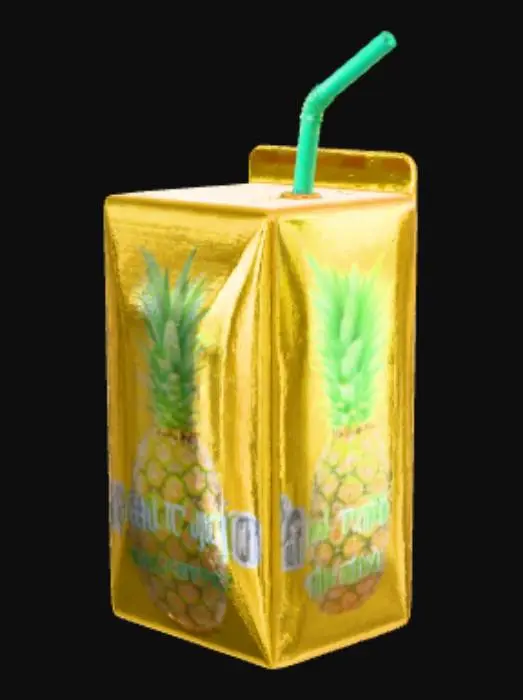 3D model for A juice box with a green straw inserted through the top. The juice box is sunset yellow, there is an image centered on the box of a real pineapple, layered over the juice box in centered primary type text are the letters "real crypto", below the primary text in a centered secondary type text are the letters "juice.eth"
Hyper realistic in detail and the texture of the object smooth and very high gloss. The background environment is a slightly out of focus desktop with a computer keyboard and a monitor displaying live price charts with all green value indicators.