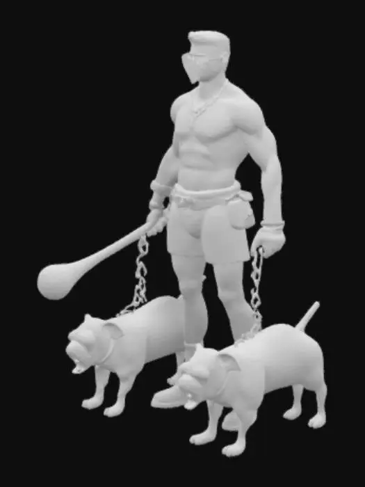 3D model for un personaggio alto con una mazza in mano, una maschera di ferro e che tiene due bull dog al guinzaglio fatto di un catena di ferro. indossa un pantalone corto fatto di pelle di pantera. è a petto nudo. a degli occhiali da sole. ha i capelli corti