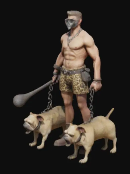 3D model for un personaggio alto con una mazza in mano, una maschera di ferro e che tiene due bull dog al guinzaglio fatto di un catena di ferro. indossa un pantalone corto fatto di pelle di pantera. è a petto nudo. a degli occhiali da sole. ha i capelli corti