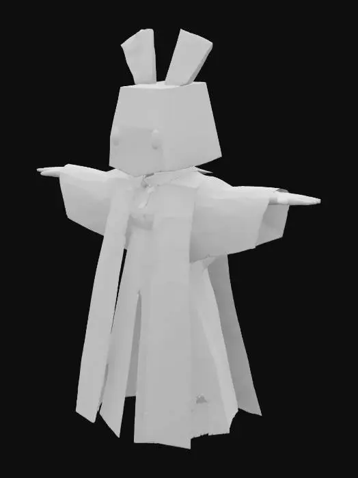 3D model for surrealistic humanoid with a cloak covering it's face and a cardboard box on top of their head t-posed