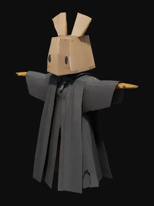 3D model for surrealistic humanoid with a cloak covering it's face and a cardboard box on top of their head t-posed