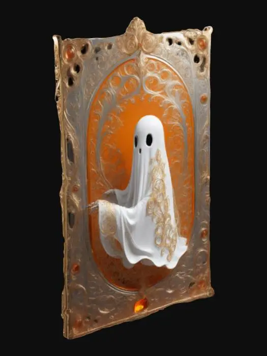 3D model for TAROT CARD of Cute White Ghost Nouveau Steel romanticism—futuristic elegance fused with intricate baroque aesthetics. A unique blend of ornate, metallic filigree and deep emotional expression, with a surreal, dreamlike atmosphere. Ethereal lighting, rich textures, and flowing gothic dark details mixed with Gold and Orange color merge with sleek, modern elements, crafting a mesmerizing visual masterpiece that embodies past and future in perfect harmony.