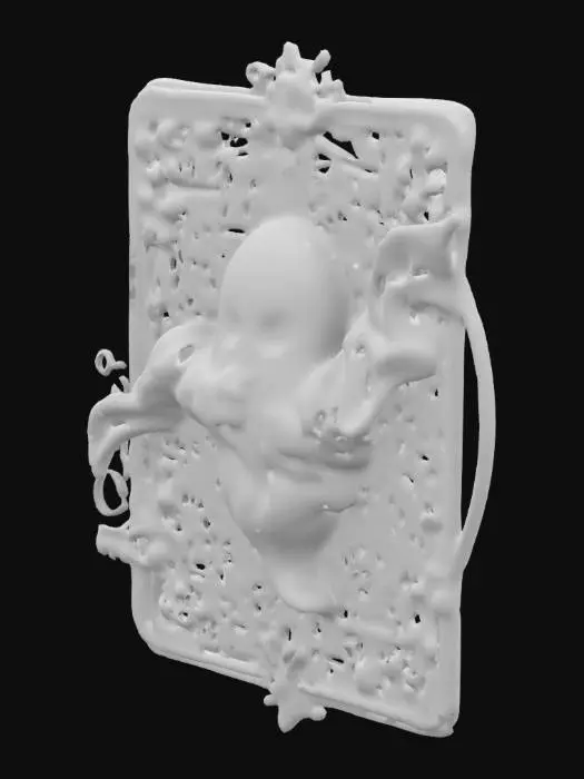 3D model for TAROT CARD of Cute White Ghost Nouveau Steel romanticism—futuristic elegance fused with intricate baroque aesthetics. A unique blend of ornate, metallic filigree and deep emotional expression, with a surreal, dreamlike atmosphere. Ethereal lighting, rich textures, and flowing gothic dark details mixed with Gold and Orange color merge with sleek, modern elements, crafting a mesmerizing visual masterpiece that embodies past and future in perfect harmony.