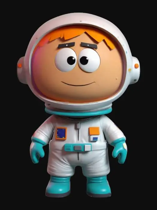 3D model for Generate a cute astronaut in the style of South Park, standing on a simple cartoon planet surface. Use low-poly 3D shapes with smooth edges, bright colors, and minimal details. The astronaut’s suit should be sleek and colorful, maintaining a playful, cartoon-like appearance. Ensure the character exudes a charming, fun vibe.

