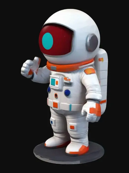 3D model for Design a cute, low-poly astronaut character in South Park’s distinct style, featuring bold outlines and blocky shapes. Give the astronaut a modern but playful cartoon spacesuit in vibrant colors. Keep the overall design simple, with exaggerated facial features for maximum cuteness.
keep the suits main color white, and give additional colors to the sute as design red, blue, green and black for the shapes and part colors 


