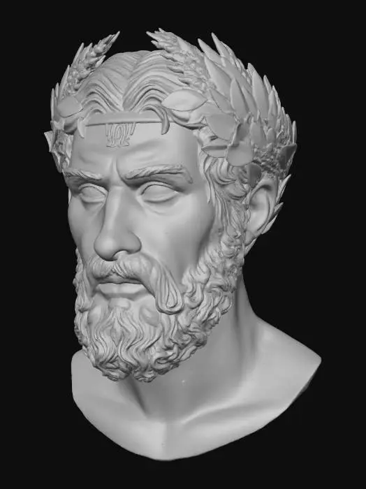 3D model for Greek-style bronze-cast warrior bust with a realistic human face; circlet of laurel leaves intertwined with wheat sheaves, Virgo glyph engraved on brow plate. Subtle verdigris accents (#5E8E7D) in recesses, brushed satin finish on raised planes, identical 60 cm scale geometry, 0.02 m edge bevel for realistic highlights, HDRI indoor gallery light. Deliver LOD0-3 FBX + 4 k metal/roughness maps.