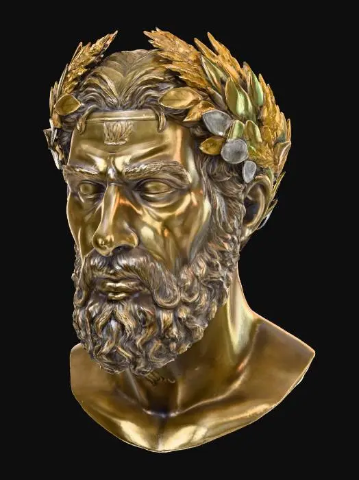 3D model for Greek-style bronze-cast warrior bust with a realistic human face; circlet of laurel leaves intertwined with wheat sheaves, Virgo glyph engraved on brow plate. Subtle verdigris accents (#5E8E7D) in recesses, brushed satin finish on raised planes, identical 60 cm scale geometry, 0.02 m edge bevel for realistic highlights, HDRI indoor gallery light. Deliver LOD0-3 FBX + 4 k metal/roughness maps.