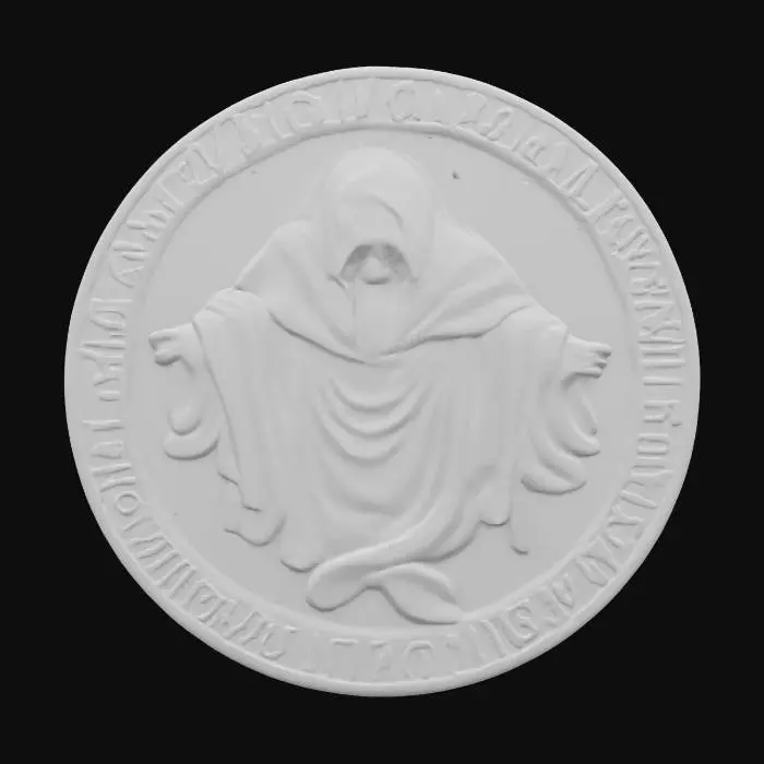 3D model for Ancient medallion with a depiction of an ghost and Greek script. Antique style 
