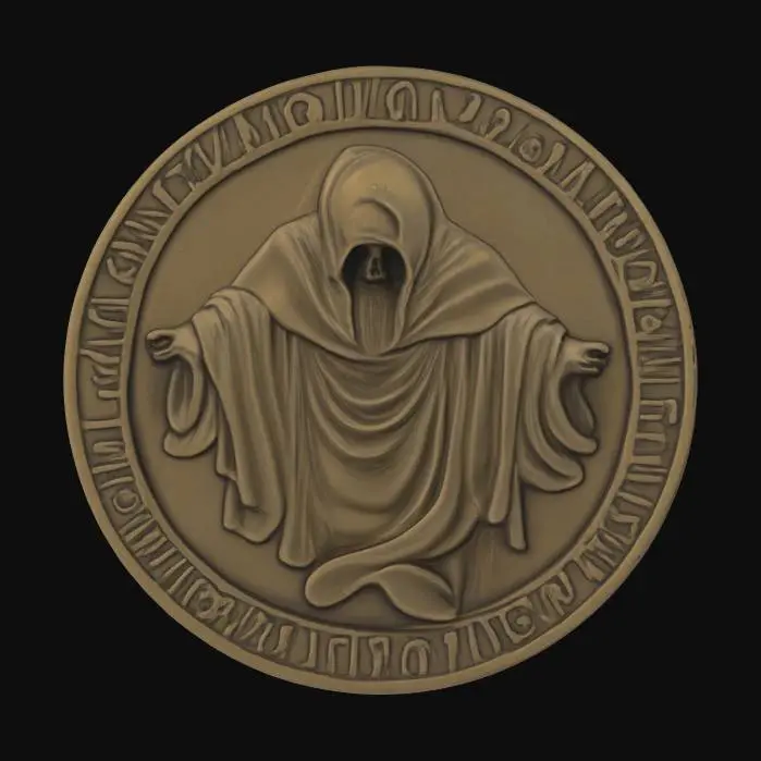 3D model for Ancient medallion with a depiction of an ghost and Greek script. Antique style 