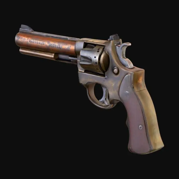 3D model for 1 aged revolver pistol with a rusty barrel. The magazine should be damaged.
