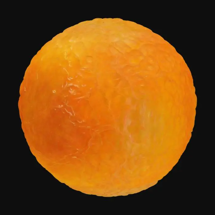 3D model for "A highly detailed 3D model with a perfectly round shape like an orange, featuring a dimpled, porous texture. The surface should have soft elasticity resembling human tissue, with visible, branching veins subtly raised beneath the semi-translucent skin. The interior should merge fibrous citrus anatomy with biological elements. A precise, high-resolution render with realistic lighting to enhance depth. Industrial or biomedical aesthetic, ensuring a professional and technical presentation."