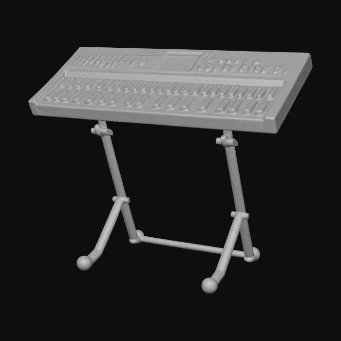 3D model for Silver electric keyboard with two rows, a stand, lights on the front, and sliders