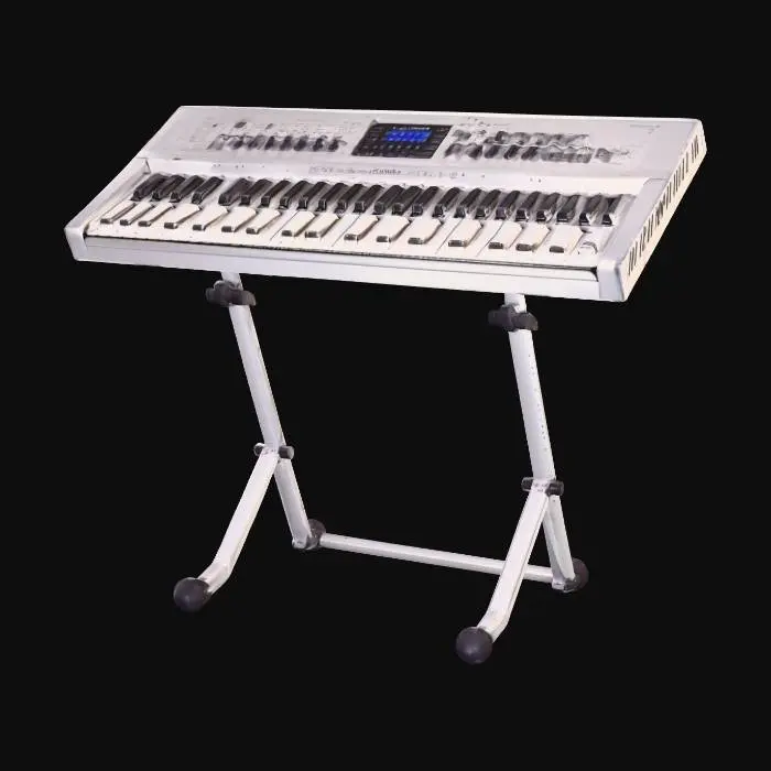 3D model for Silver electric keyboard with two rows, a stand, lights on the front, and sliders