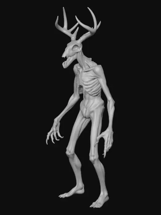 3D model for A realistic , ultradetailed , spooky , wendingo character , t-pose , frightening , flesh , horror , creepy , photo realistic , T-pose , deer head , hairless