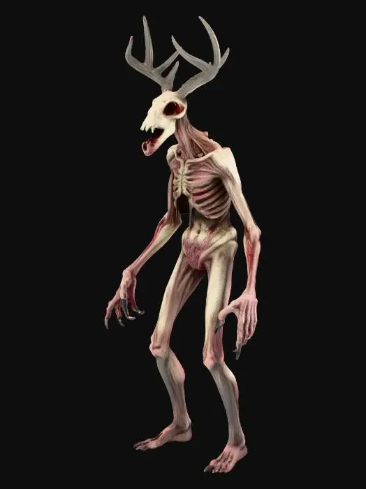 3D model for A realistic , ultradetailed , spooky , wendingo character , t-pose , frightening , flesh , horror , creepy , photo realistic , T-pose , deer head , hairless