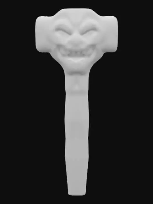 3D model for a muscular sledge hammer head with a happy funny expression with muscular features, highly detailed the handle is made of a long bone white in colour with a grey tint, Medieval looking,, Highly Detailed, Ultra Realistic, #ChronoForgeWeapon#