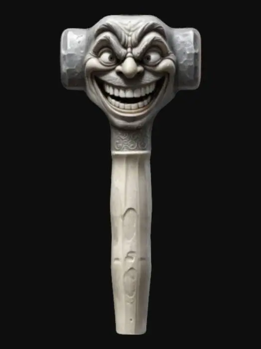 3D model for a muscular sledge hammer head with a happy funny expression with muscular features, highly detailed the handle is made of a long bone white in colour with a grey tint, Medieval looking,, Highly Detailed, Ultra Realistic, #ChronoForgeWeapon#