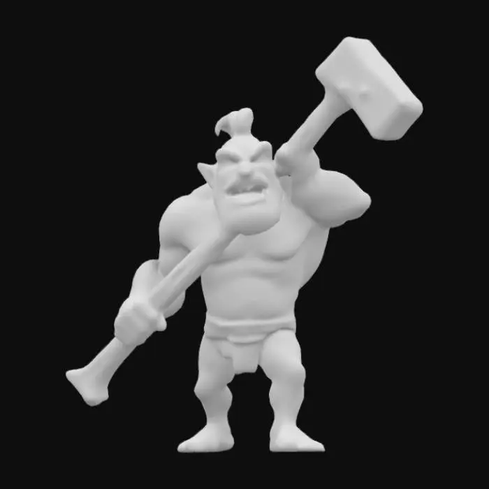 3D model for a muscular sledge hammer head with a happy funny expression with muscular features, highly detailed the handle is made of a long bone white in colour with a grey tint, Medieval looking,, Highly Detailed, Ultra Realistic, #ChronoForgeWeapon#