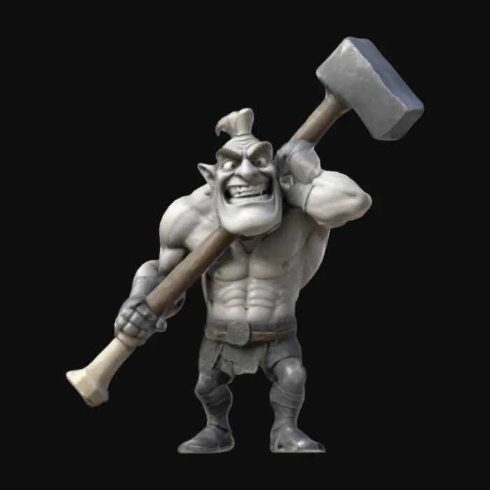 3D model for a muscular sledge hammer head with a happy funny expression with muscular features, highly detailed the handle is made of a long bone white in colour with a grey tint, Medieval looking,, Highly Detailed, Ultra Realistic, #ChronoForgeWeapon#