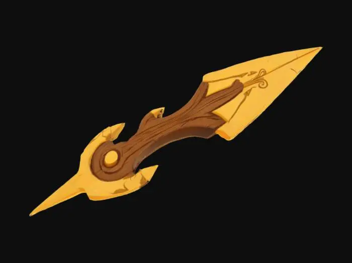 3D model for A stylized compass needle for a fantasy video game, shaped like a wooden arrow with a golden tip and ornate carvings. One side of the wood is worn and decayed, showing age and cracks. Cel-shaded style, vibrant colors, fantasy cartoon look, inspired by Zelda games. Isolated on a transparent or neutral background, suitable for UI or inventory icon.