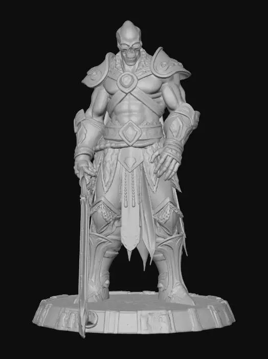 3D model for Erstelle mir einen Muskulösen Krieger mit Skelett Gesicht in Gelb und Blauen Körper und Lila Rüstung mit einem Schwert