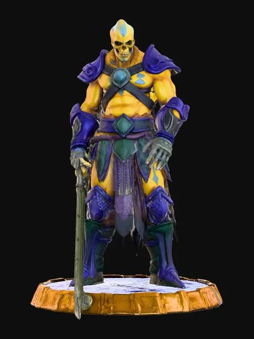 3D model for Erstelle mir einen Muskulösen Krieger mit Skelett Gesicht in Gelb und Blauen Körper und Lila Rüstung mit einem Schwert