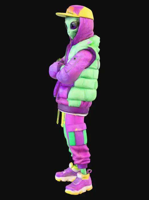 3D model for GENERAME UNA IMAGEN DE ESTE FORMATO DE ALIEN PERO QUE ESTE VESTIDO CON ROPA MODERNA TIPO RAPERO SIGUIENDO UNA ESTETICA CON COLORES FUCSIAS VERDES CLAROS Y AMARILLOS COMO LA IMAGEN QUE ADJUNTO. EL PERSONAJE PUEDE ESTAR CRUZADO DE BRAZOS