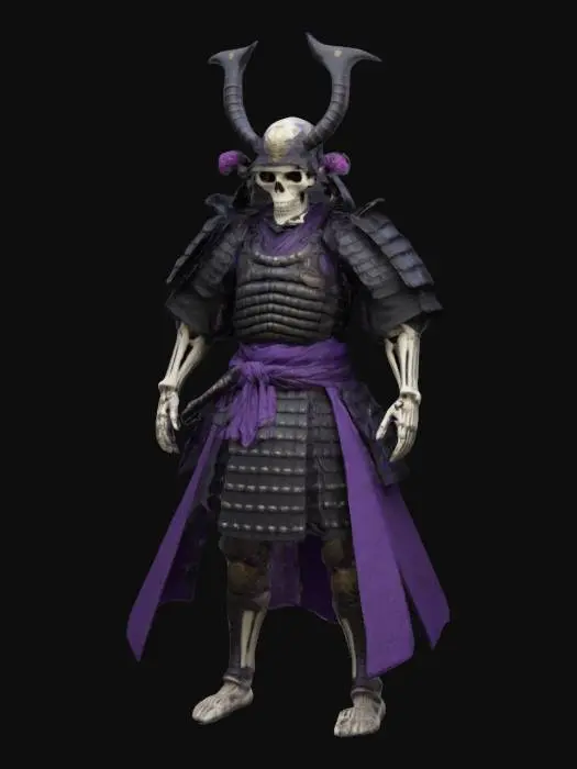 3D model for Персонаж представляет собой скелет в доспехах самурая, выполненных в черном цвете с элементами фиолетовой ткани.
Голова черепа носит классический самурайский шлем кабуто с массивными рогами, изогнутыми вверх и наружу.
Общая тематика – мрачный, мистический воин в японском феодальном стиле с элементами фэнтези.