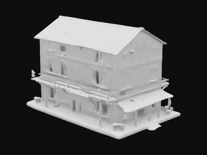 3D model for Hollow Lantern Inn
decayed multi-story inn, warped wooden floors, rotting beams, bioluminescent moss patches, cracked glass windows, rusted iron lanterns, peeling paint, collapsed awning, crumbling plaster, jagged shingle roof, damp wooden interior


