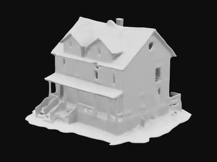 3D model for Sunken Rowhouse
sinking wooden townhouse, fractured walls, warped timber, mold-covered surfaces, decayed brick base, fog-drenched wood, leaning doorframes, loose iron railings, broken guttering, rotting wooden steps, twisted alleyways