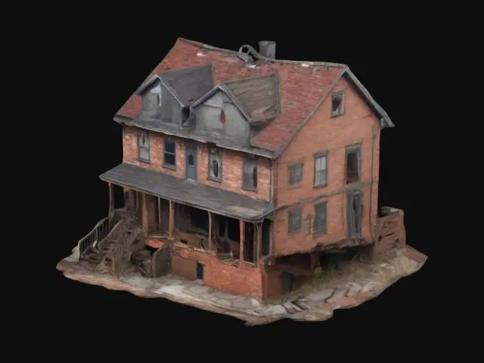 3D model for Sunken Rowhouse
sinking wooden townhouse, fractured walls, warped timber, mold-covered surfaces, decayed brick base, fog-drenched wood, leaning doorframes, loose iron railings, broken guttering, rotting wooden steps, twisted alleyways