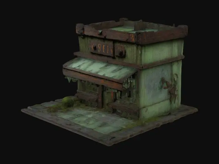 3D model for Warped wooden storefront, shattered windows, eerie signage, hanging rusted lanterns, rotting awning, crooked beams, occult carvings, boarded entrance, twisted iron gate, leaning structure, cobblestone foundation, bioluminescent fungi creeping up walls, eerie runes on wood, dust-covered shelves, shattered pottery, forgotten artifacts, fog seeping through cracks, damp warped floorboards, strange symbols etched onto beams, hanging chains, decayed wooden planks.

